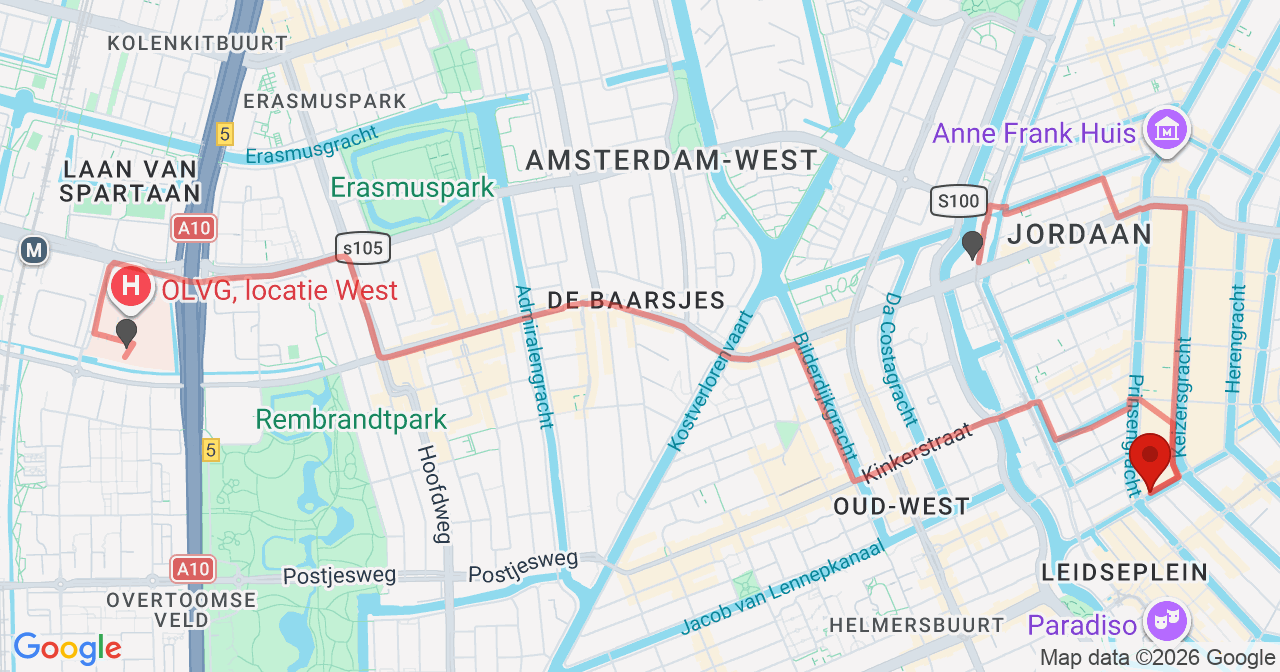 Kaart van het incident in Amsterdam met berekende routes vanaf gealarmeerde posten