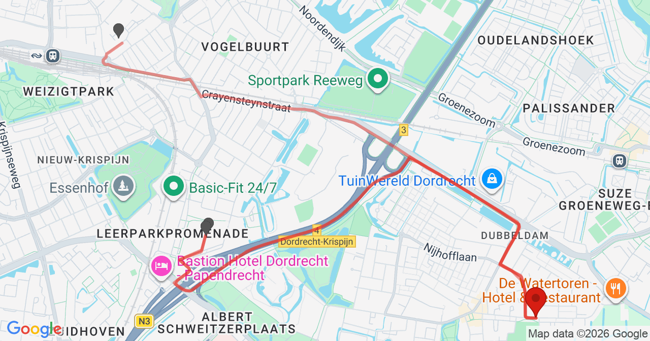 Kaart van het incident in Dordrecht met berekende routes vanaf gealarmeerde posten