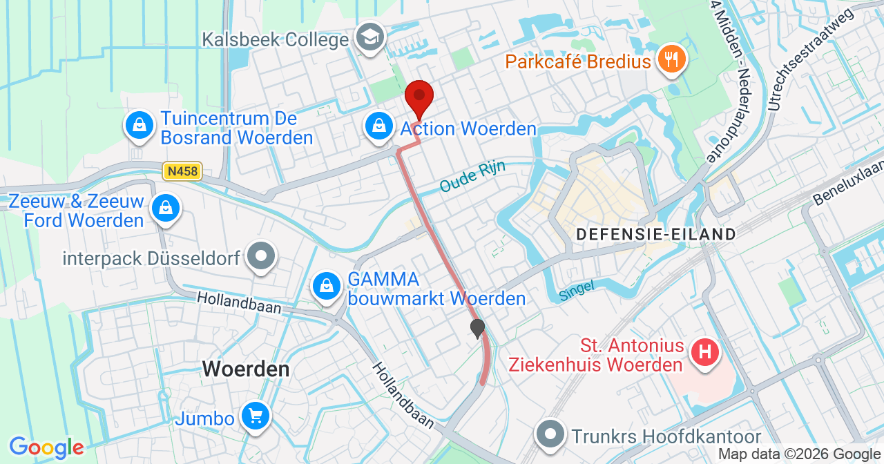 Kaart van het incident in Woerden met de aanrijroutes van de gealarmeerde eenheden