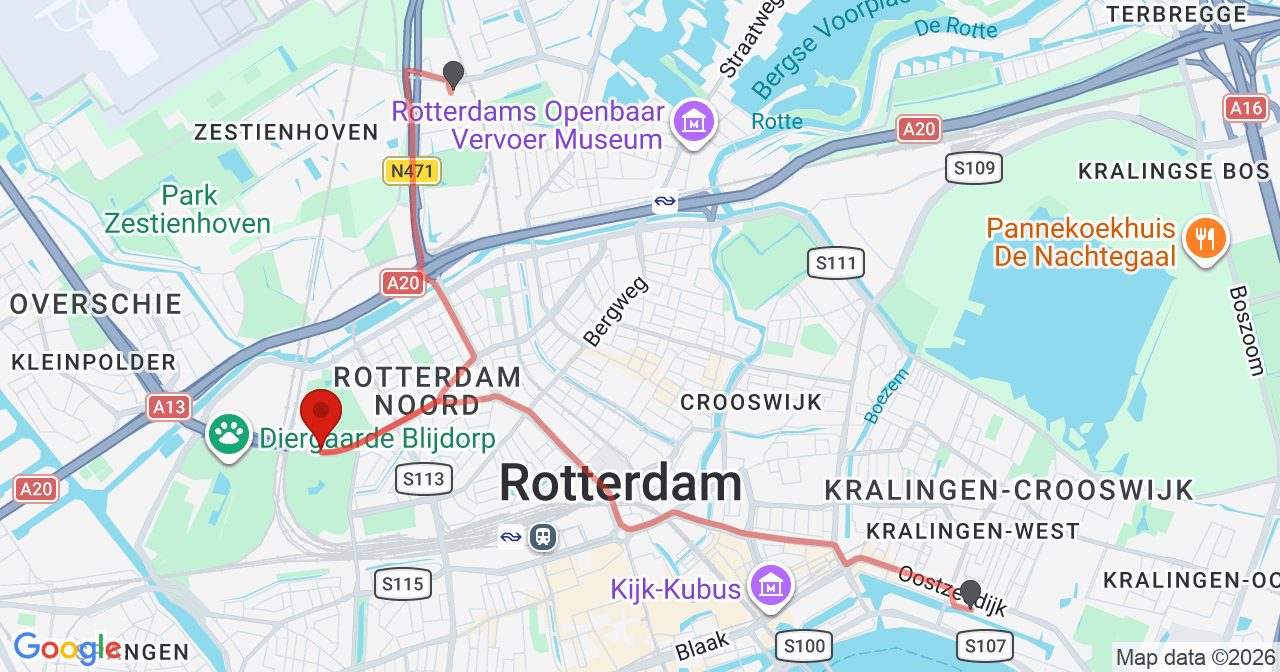 Kaart van het incident in Rotterdam met de aanrijroutes van de gealarmeerde eenheden