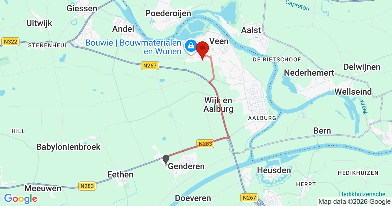Kaart van het incident in Veen met berekende routes vanaf gealarmeerde posten