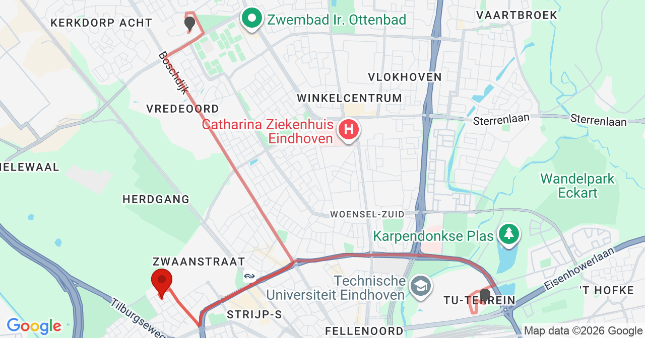 Kaart van het incident in Eindhoven met berekende routes vanaf gealarmeerde posten