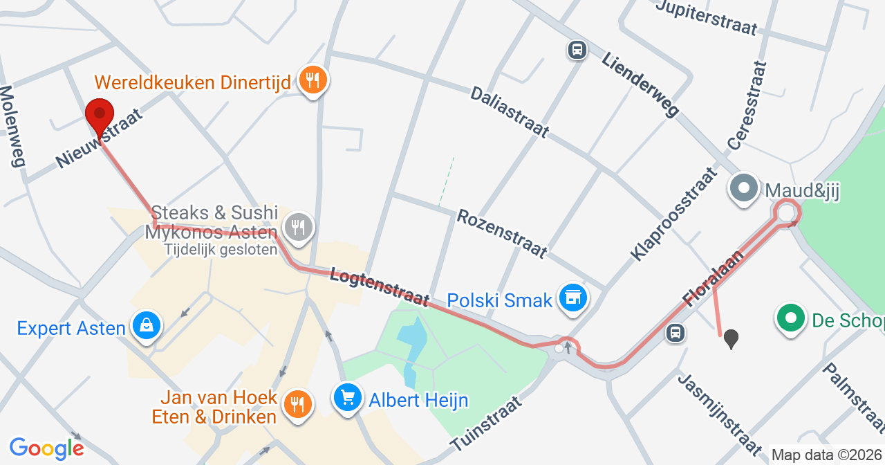 Kaart van het incident in Asten met de aanrijroutes van de gealarmeerde eenheden