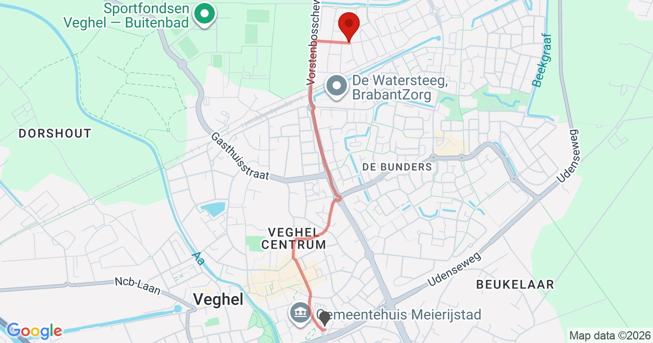 Kaart van het incident in Veghel met de aanrijroutes van de gealarmeerde eenheden