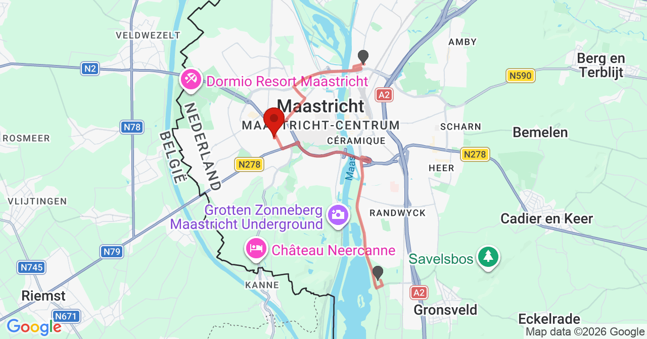 Kaart van het incident in Maastricht met de aanrijroutes van de gealarmeerde eenheden