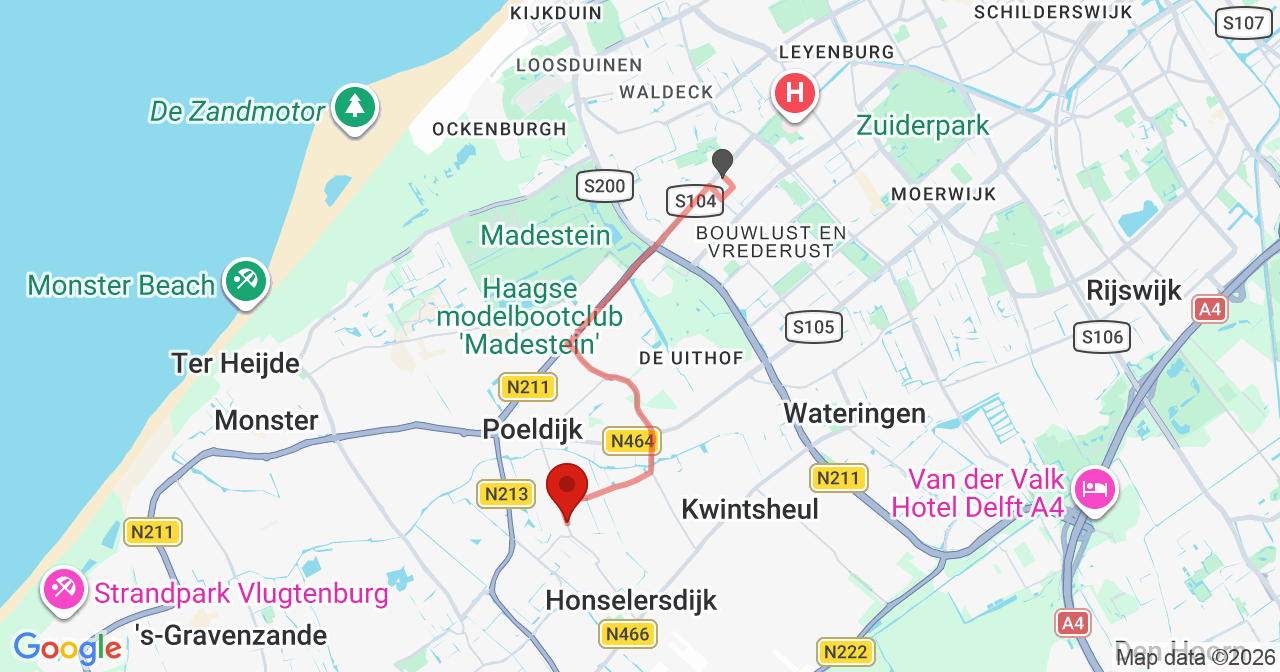 Kaart van het incident in Honselersdijk met de aanrijroutes van de gealarmeerde eenheden