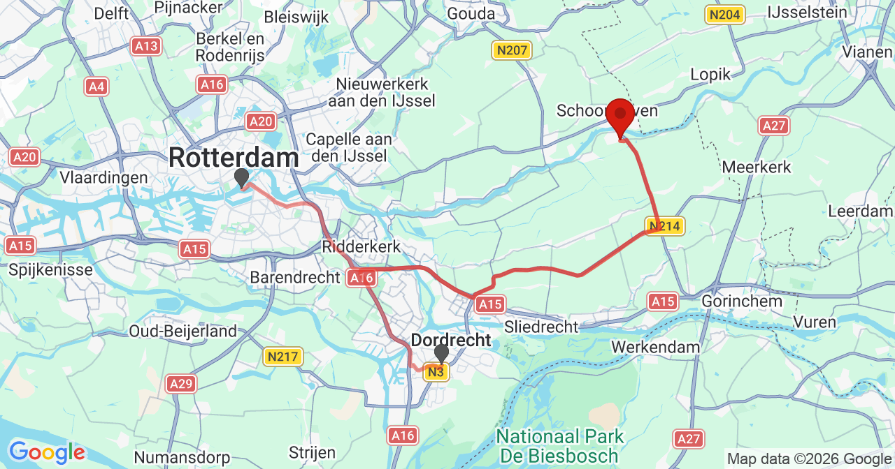 Kaart van het incident in Groot-Ammers met de aanrijroutes van de gealarmeerde eenheden
