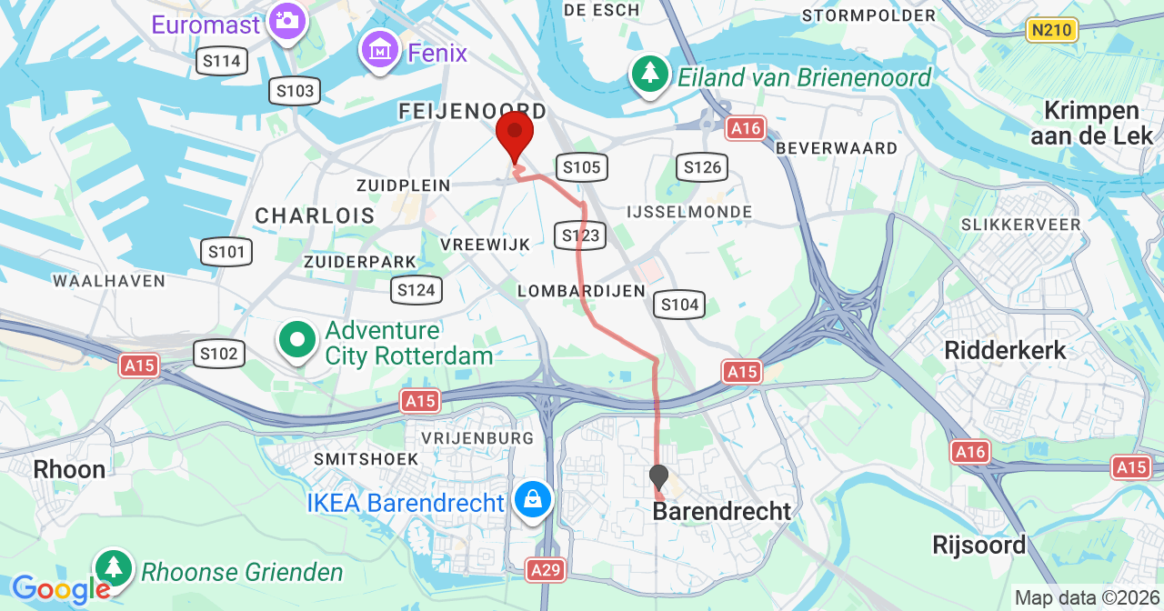 Kaart van het incident in Rotterdam met de aanrijroutes van de gealarmeerde eenheden
