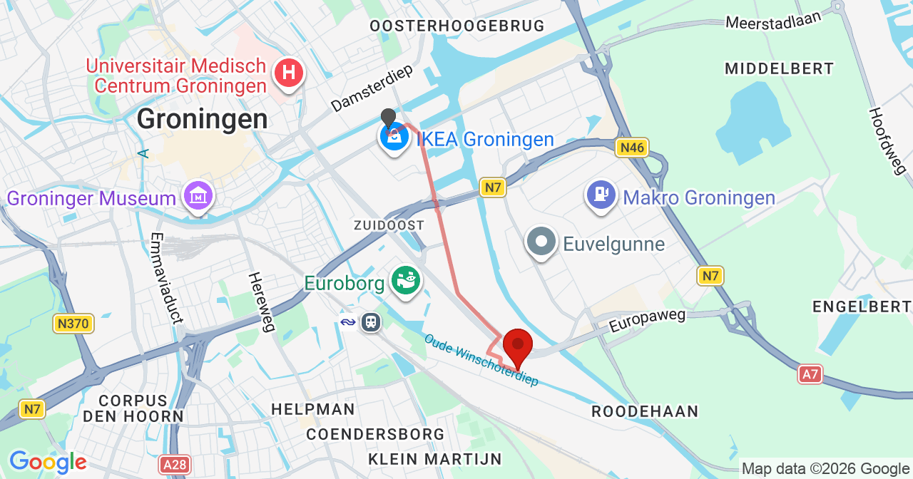 Kaart van het incident in Groningen met de aanrijroutes van de gealarmeerde eenheden
