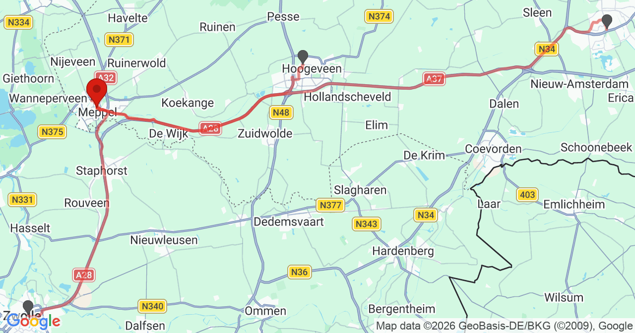 Kaart van het incident in Meppel met de aanrijroutes van de gealarmeerde eenheden