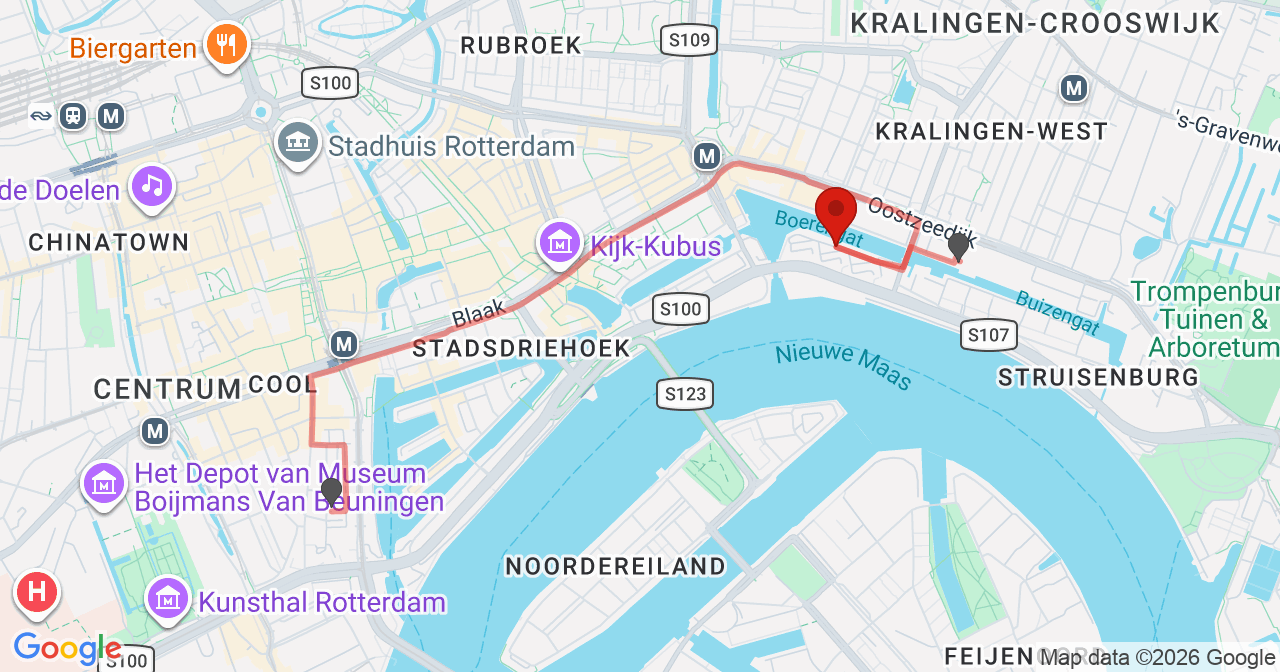 Kaart van het incident in Rotterdam met de aanrijroutes van de gealarmeerde eenheden