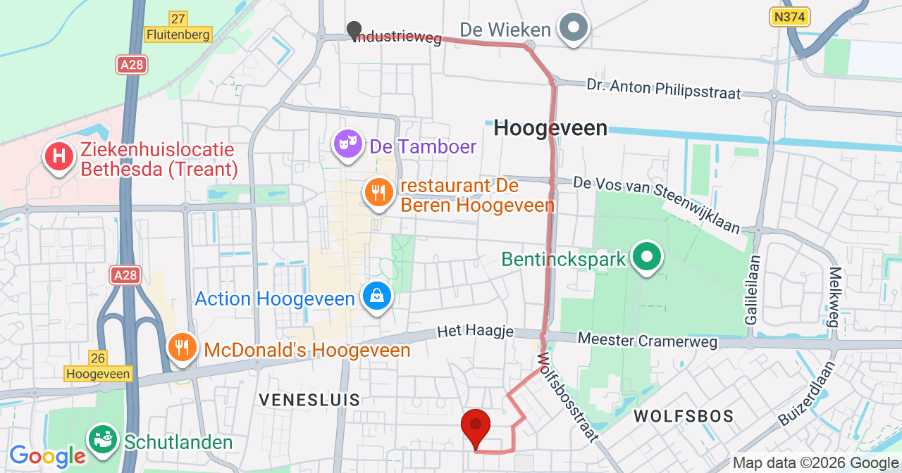 Kaart van het incident in Hoogeveen met de aanrijroutes van de gealarmeerde eenheden