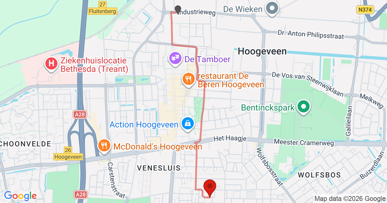 Kaart van het incident in Hoogeveen met de aanrijroutes van de gealarmeerde eenheden