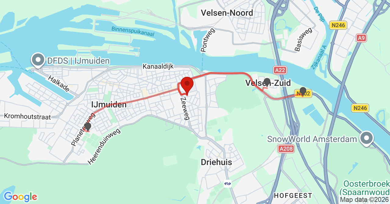 Kaart van het incident in IJmuiden met de aanrijroutes van de gealarmeerde eenheden