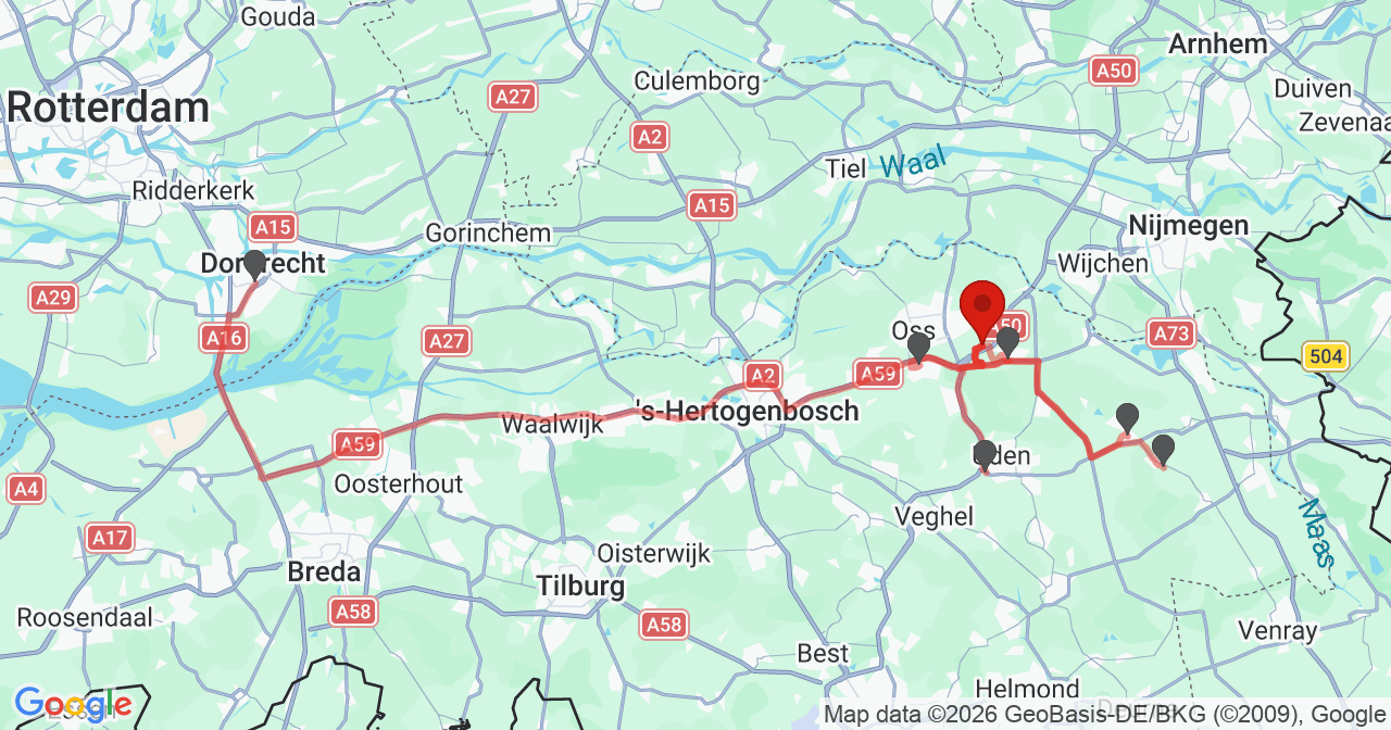 Kaart van het incident in Schaijk met de aanrijroutes van de gealarmeerde eenheden