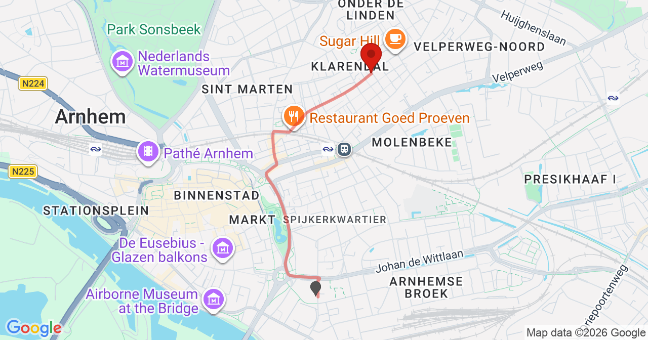 Kaart van het incident in Arnhem met berekende routes vanaf gealarmeerde posten
