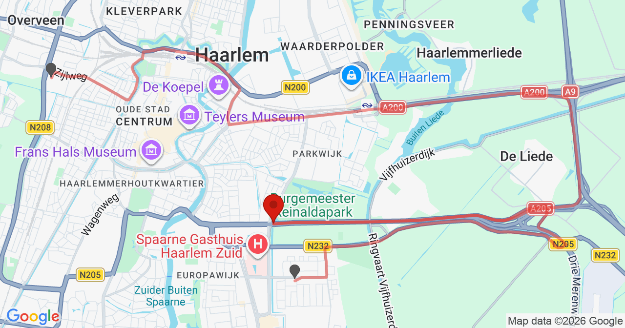 Kaart van het incident in Haarlem met de aanrijroutes van de gealarmeerde eenheden