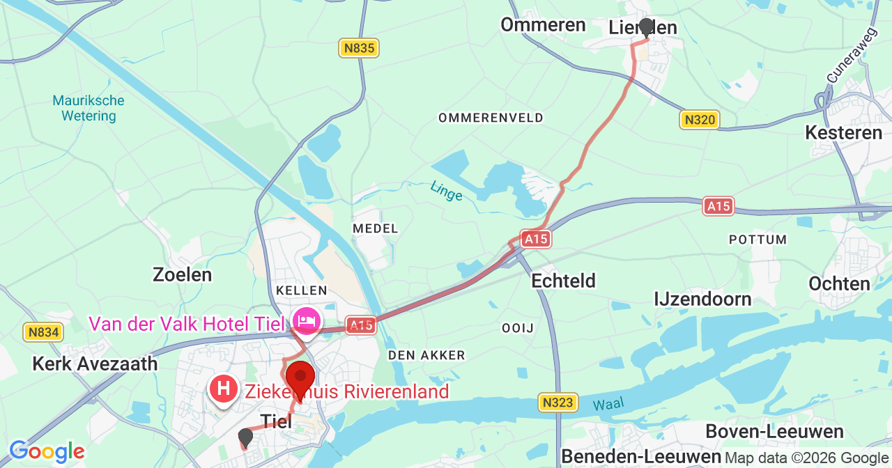 Kaart van het incident in Tiel met de aanrijroutes van de gealarmeerde eenheden