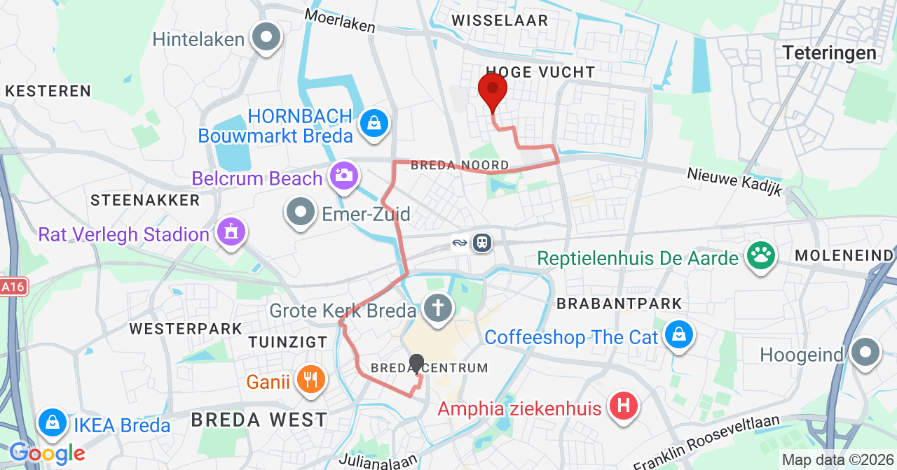 Kaart van het incident in Breda met de aanrijroutes van de gealarmeerde eenheden
