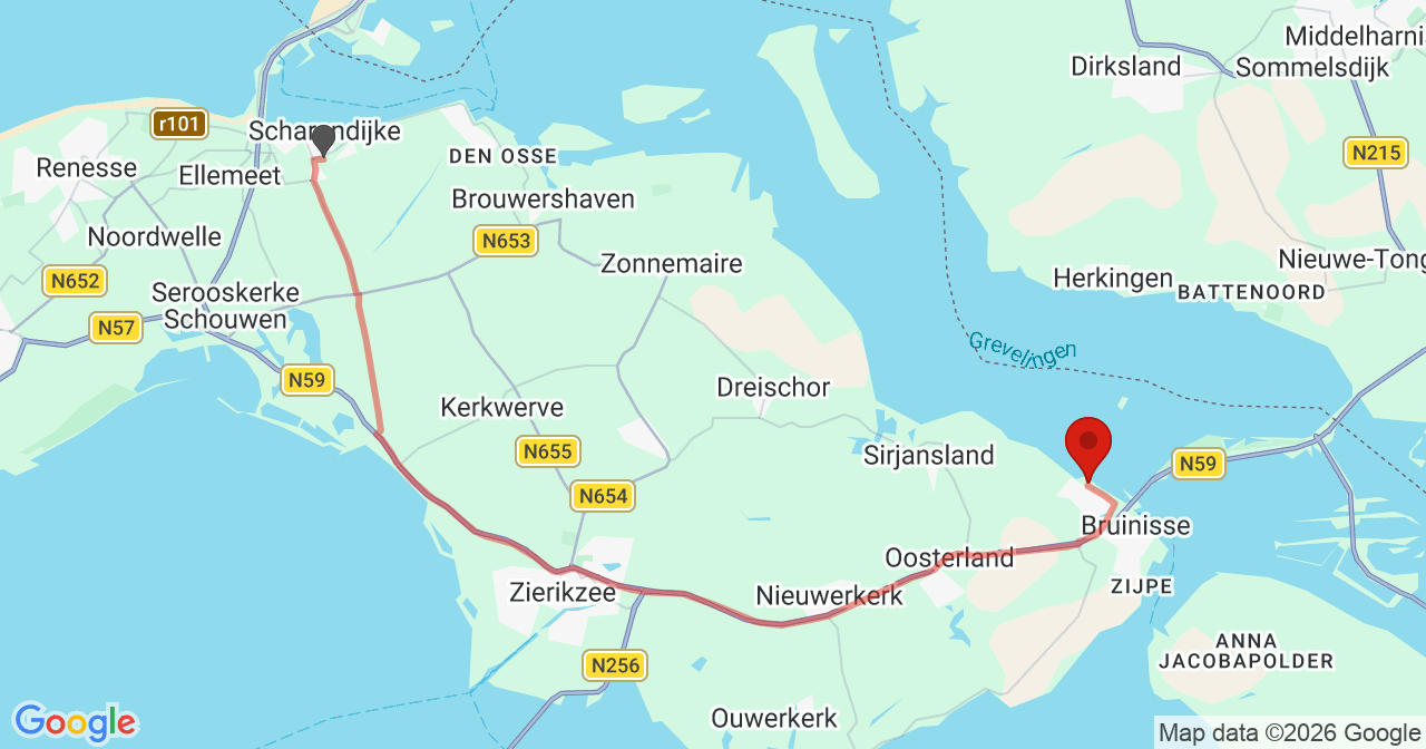 Kaart van het incident in Bruinisse met de aanrijroutes van de gealarmeerde eenheden