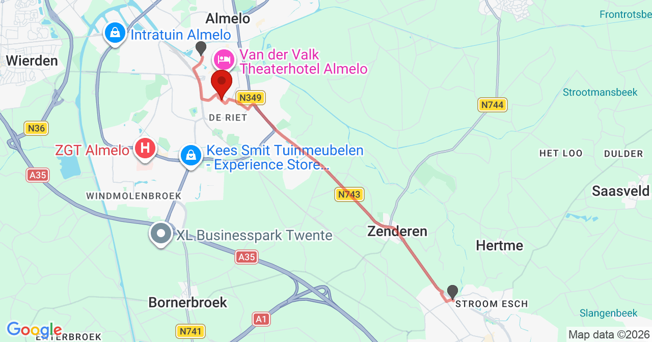 Kaart van het incident in Almelo met de aanrijroutes van de gealarmeerde eenheden