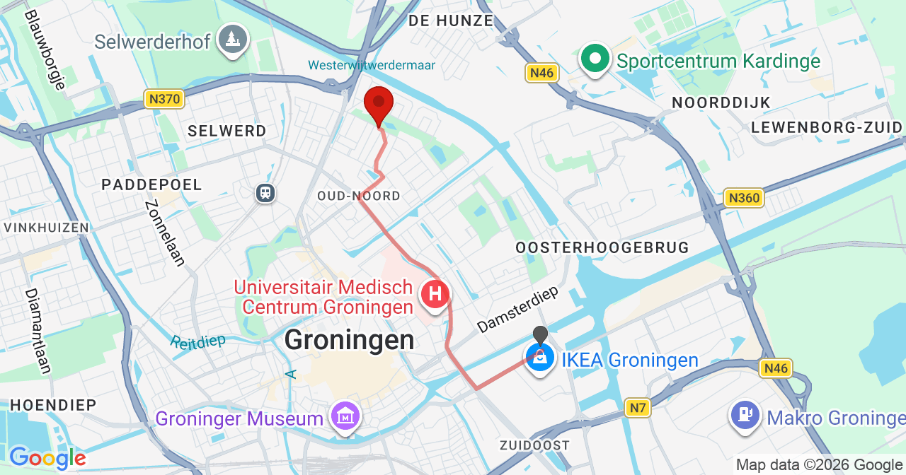 Kaart van het incident in Groningen met berekende routes vanaf gealarmeerde posten