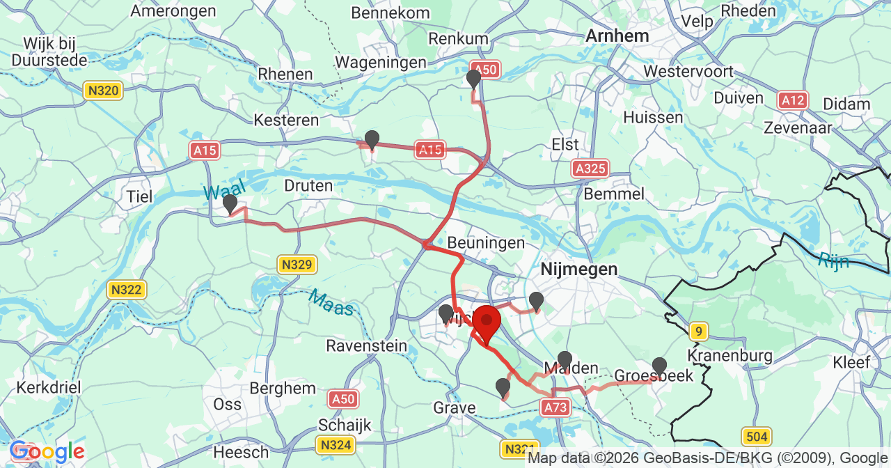 Kaart van het incident in Wijchen met de aanrijroutes van de gealarmeerde eenheden