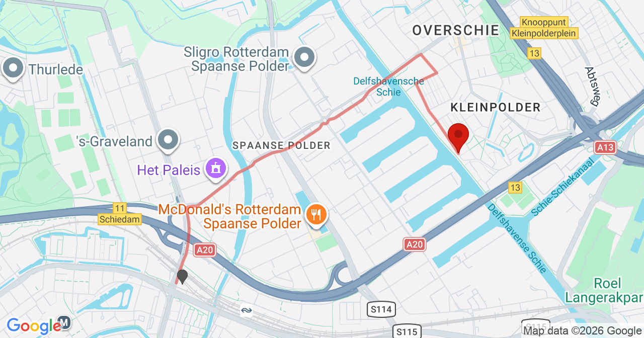 Kaart van het incident in Rotterdam met de aanrijroutes van de gealarmeerde eenheden
