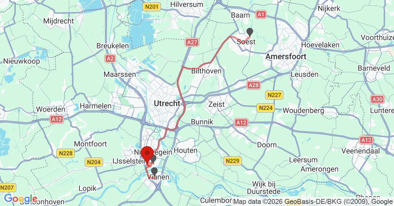 Kaart van het incident in Nieuwegein met de aanrijroutes van de gealarmeerde eenheden