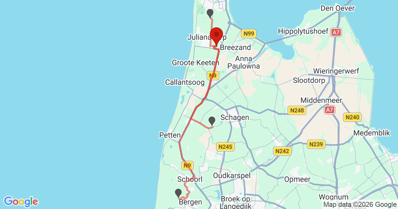 Kaart van het incident in Julianadorp met de aanrijroutes van de gealarmeerde eenheden