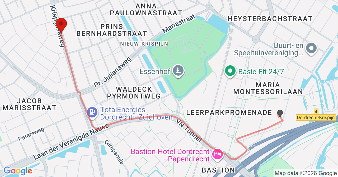 Kaart van het incident in Dordrecht met de aanrijroutes van de gealarmeerde eenheden