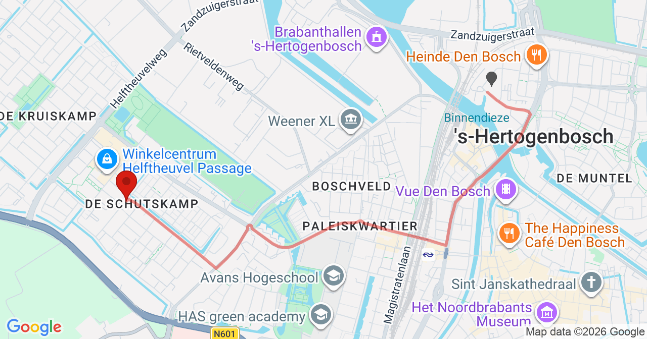 Kaart van het incident in 's-Hertogenbosch met de aanrijroutes van de gealarmeerde eenheden