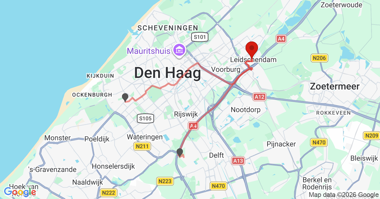 Kaart van het incident in Leidschendam met de aanrijroutes van de gealarmeerde eenheden