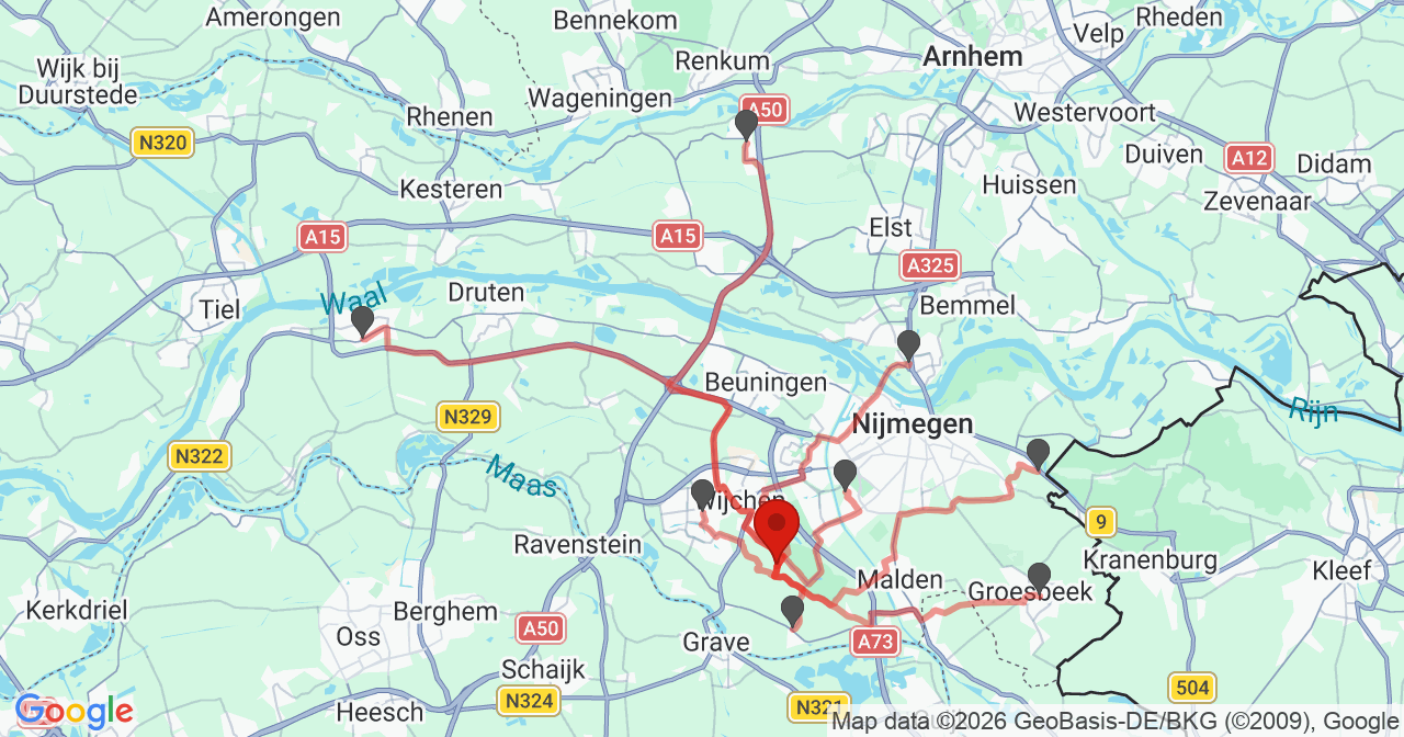 Kaart van het incident in Wijchen met de aanrijroutes van de gealarmeerde eenheden