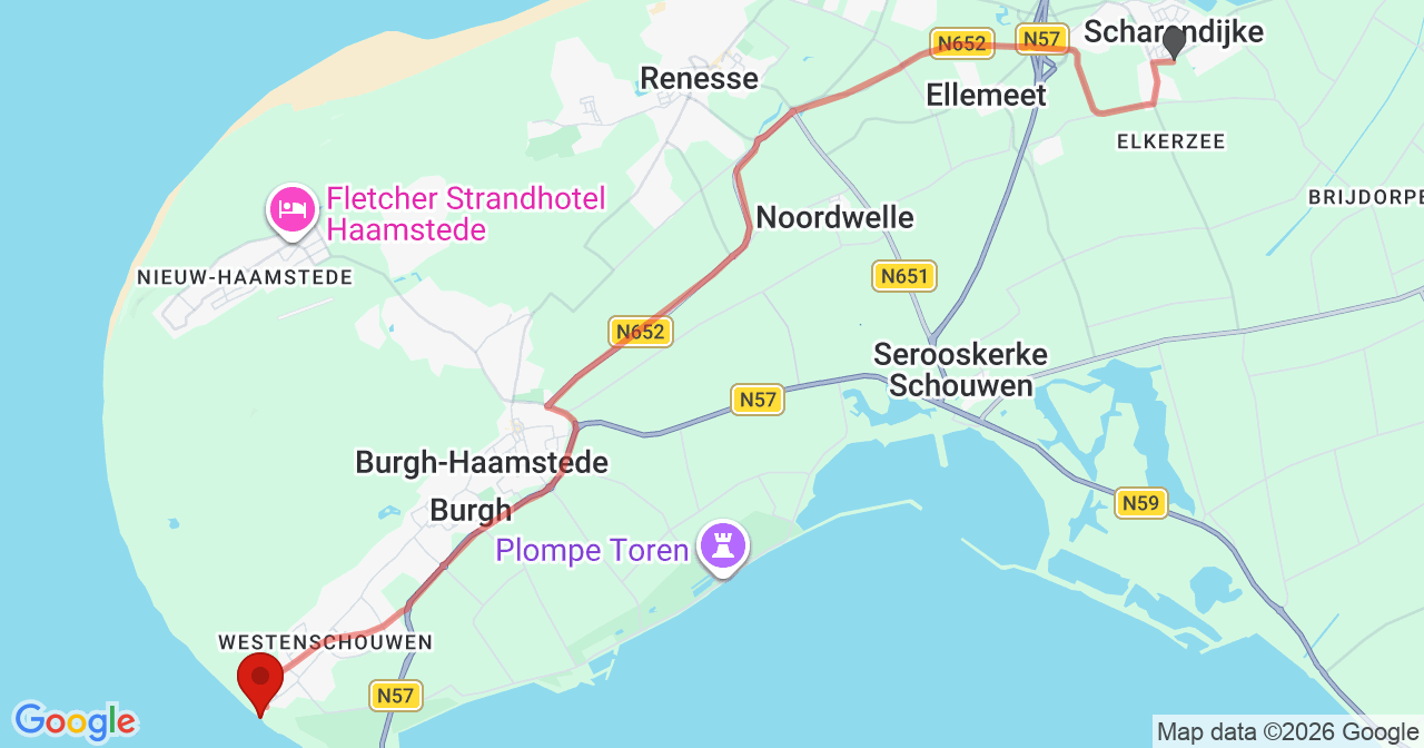 Kaart van het incident in Burgh-Haamstede met de aanrijroutes van de gealarmeerde eenheden