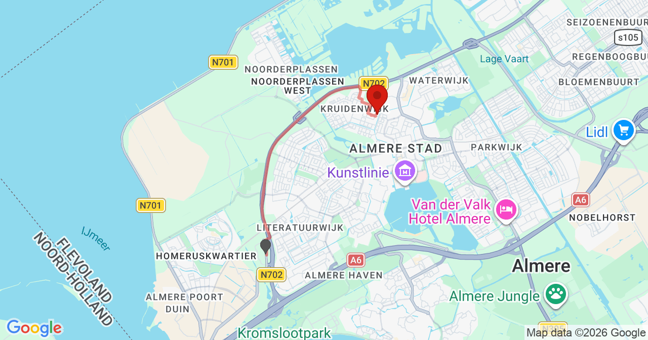 Kaart van het incident in Almere met de aanrijroutes van de gealarmeerde eenheden