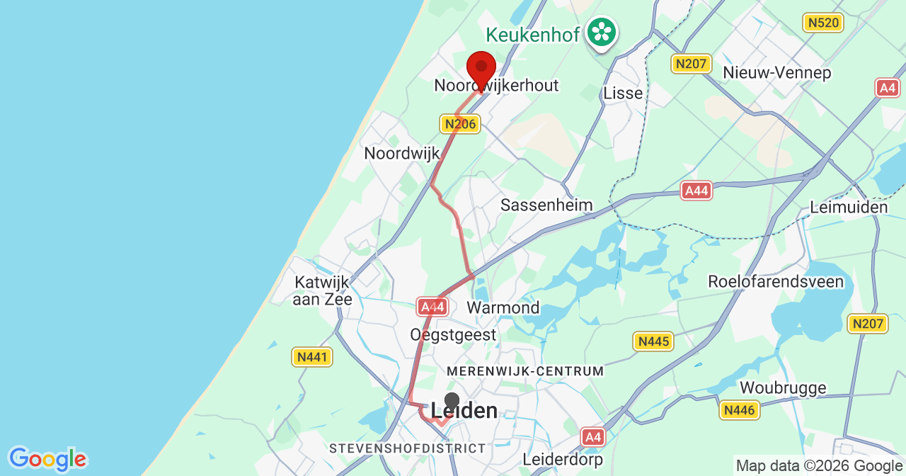 Kaart van het incident in Noordwijkerhout met de aanrijroutes van de gealarmeerde eenheden