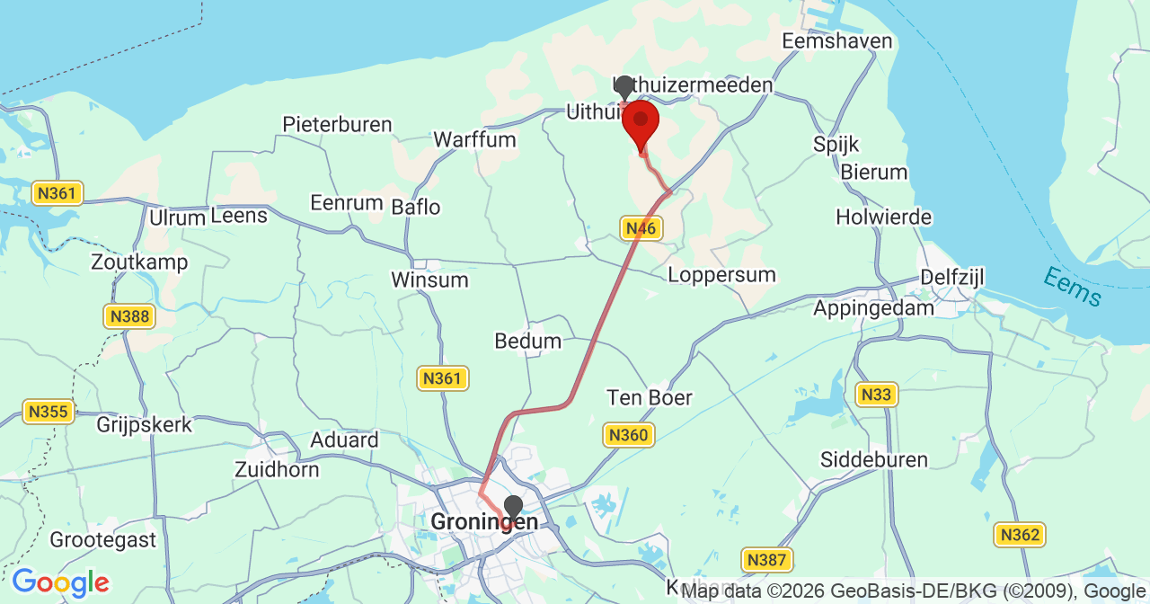 Kaart van het incident in Zandeweer met de aanrijroutes van de gealarmeerde eenheden