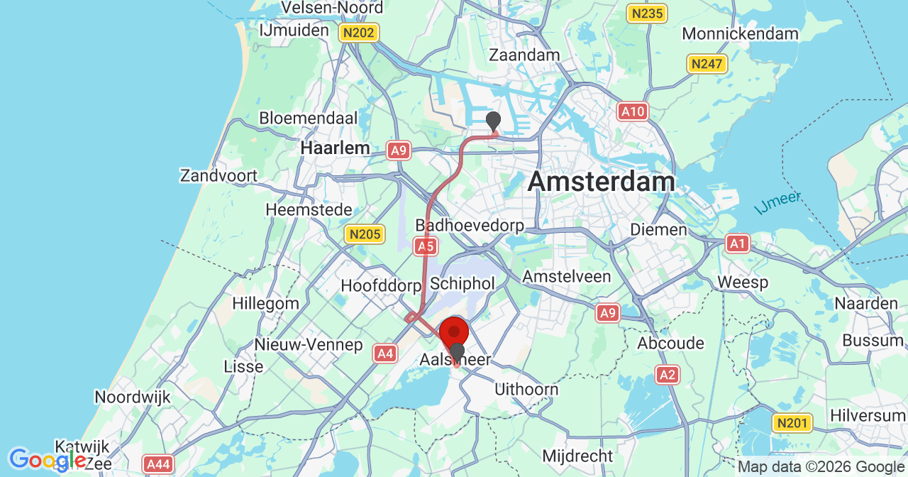 Kaart van het incident in Aalsmeer met de aanrijroutes van de gealarmeerde eenheden
