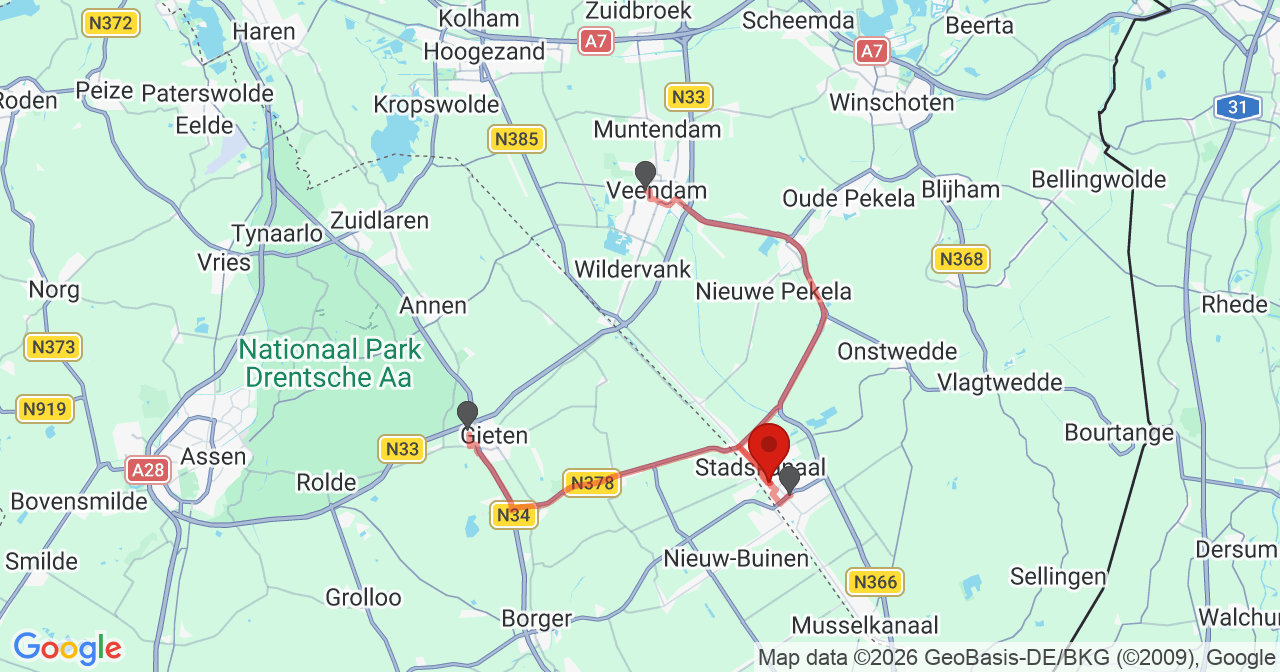 Kaart van het incident in Stadskanaal met de aanrijroutes van de gealarmeerde eenheden