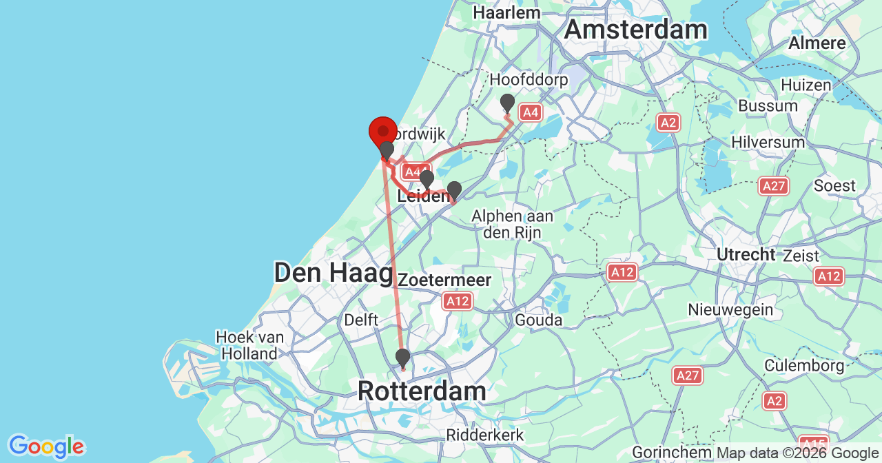 Kaart van het incident in Katwijk ZH met de aanrijroutes van de gealarmeerde eenheden