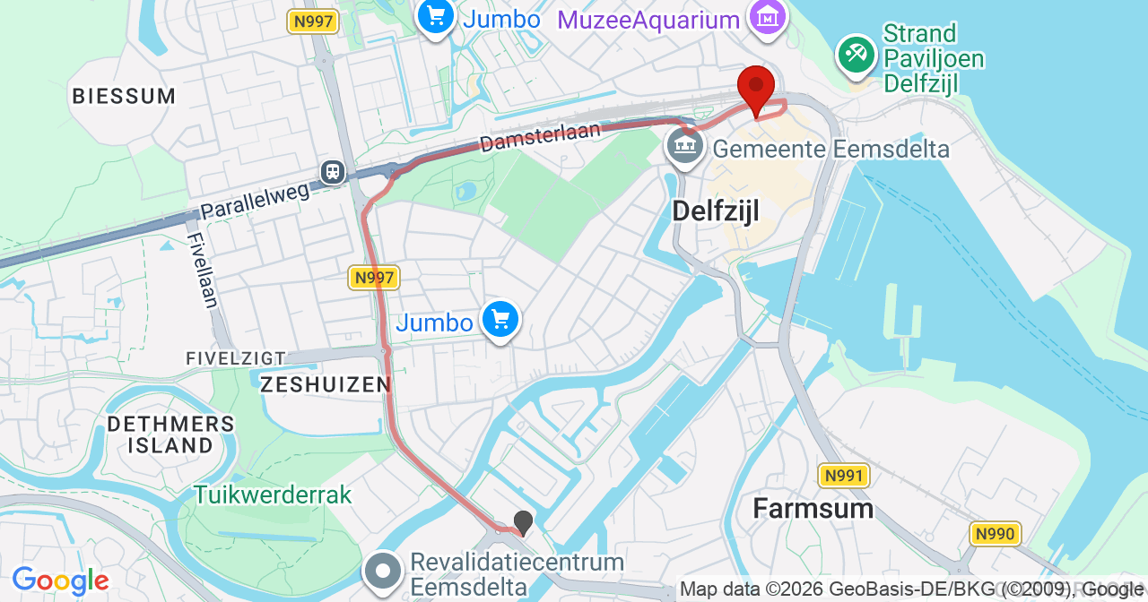 Kaart van het incident in Delfzijl met de aanrijroutes van de gealarmeerde eenheden