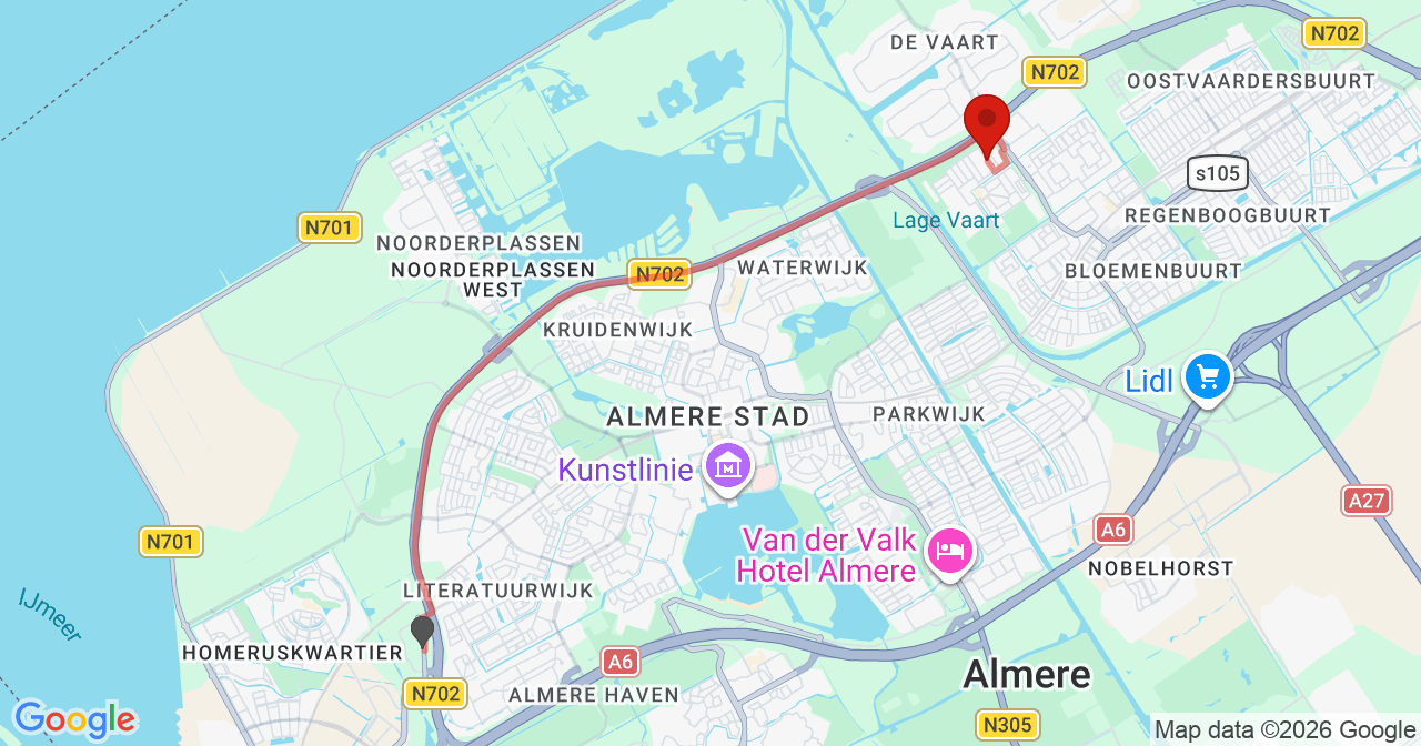 Kaart van het incident in Almere met de aanrijroutes van de gealarmeerde eenheden