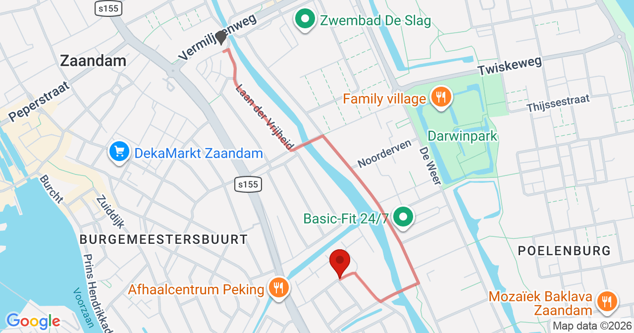 Kaart van het incident in Zaandam met de aanrijroutes van de gealarmeerde eenheden