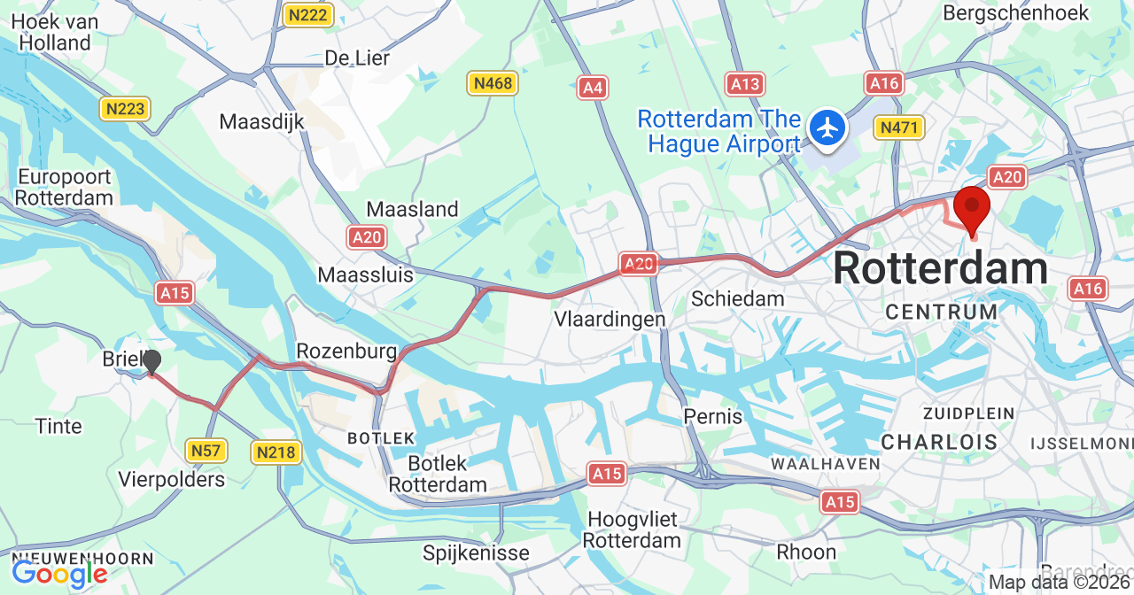Kaart van het incident in Rotterdam met de aanrijroutes van de gealarmeerde eenheden