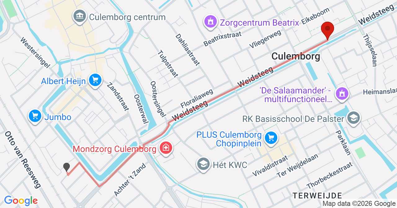 Kaart van het incident in Culemborg met de aanrijroutes van de gealarmeerde eenheden
