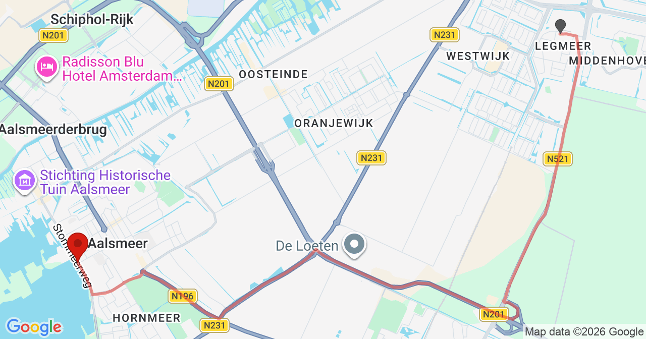 Kaart van het incident in Aalsmeer met de aanrijroutes van de gealarmeerde eenheden