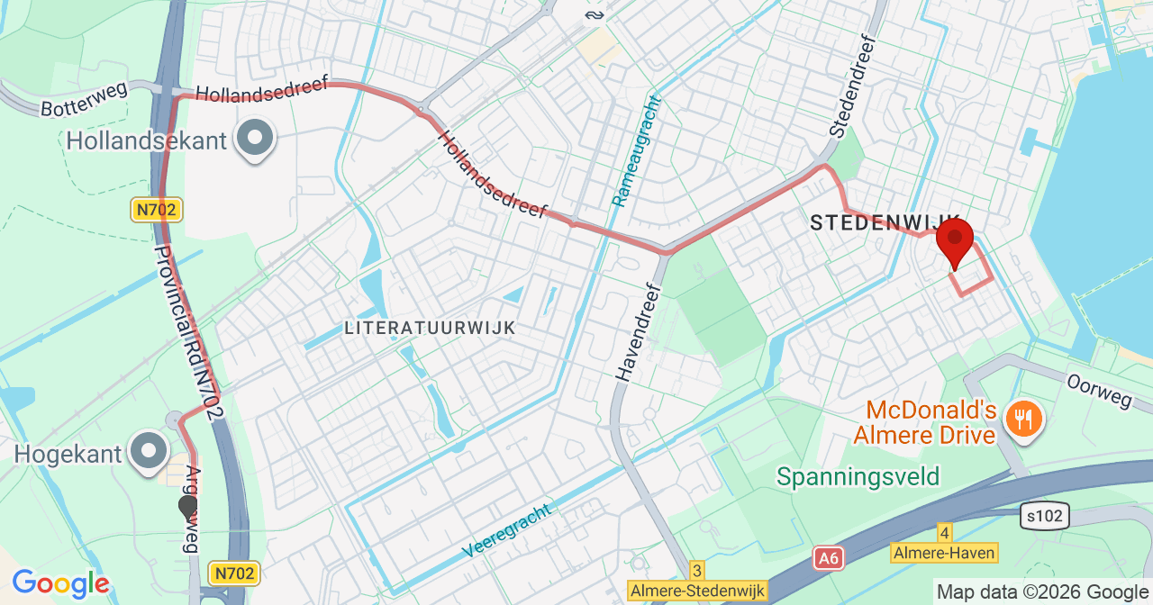 Kaart van het incident in Almere met de aanrijroutes van de gealarmeerde eenheden