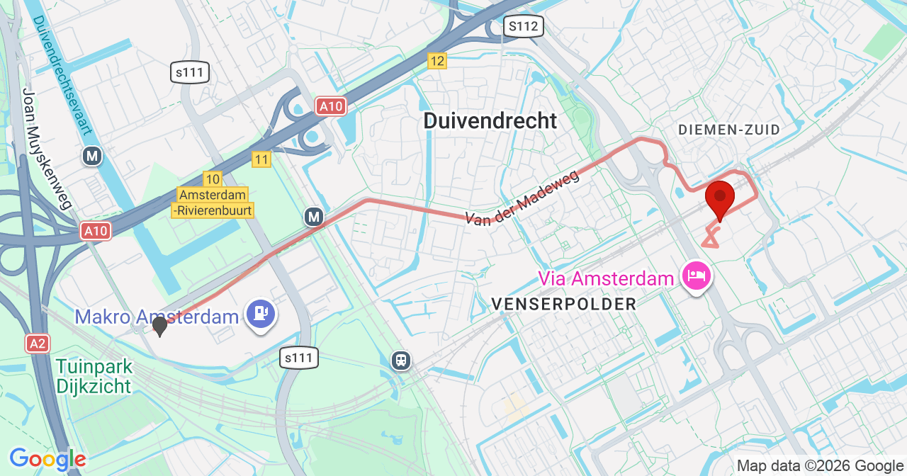 Kaart van het incident in Diemen met de aanrijroutes van de gealarmeerde eenheden