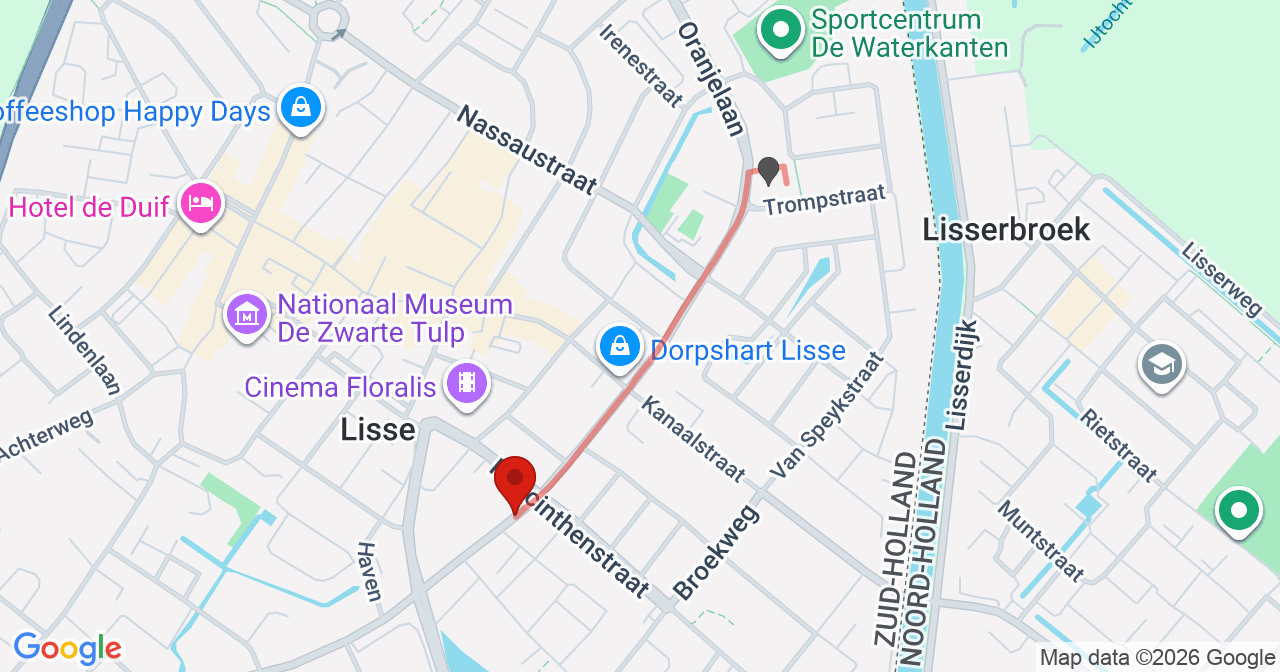 Kaart van het incident in Lisse met de aanrijroutes van de gealarmeerde eenheden